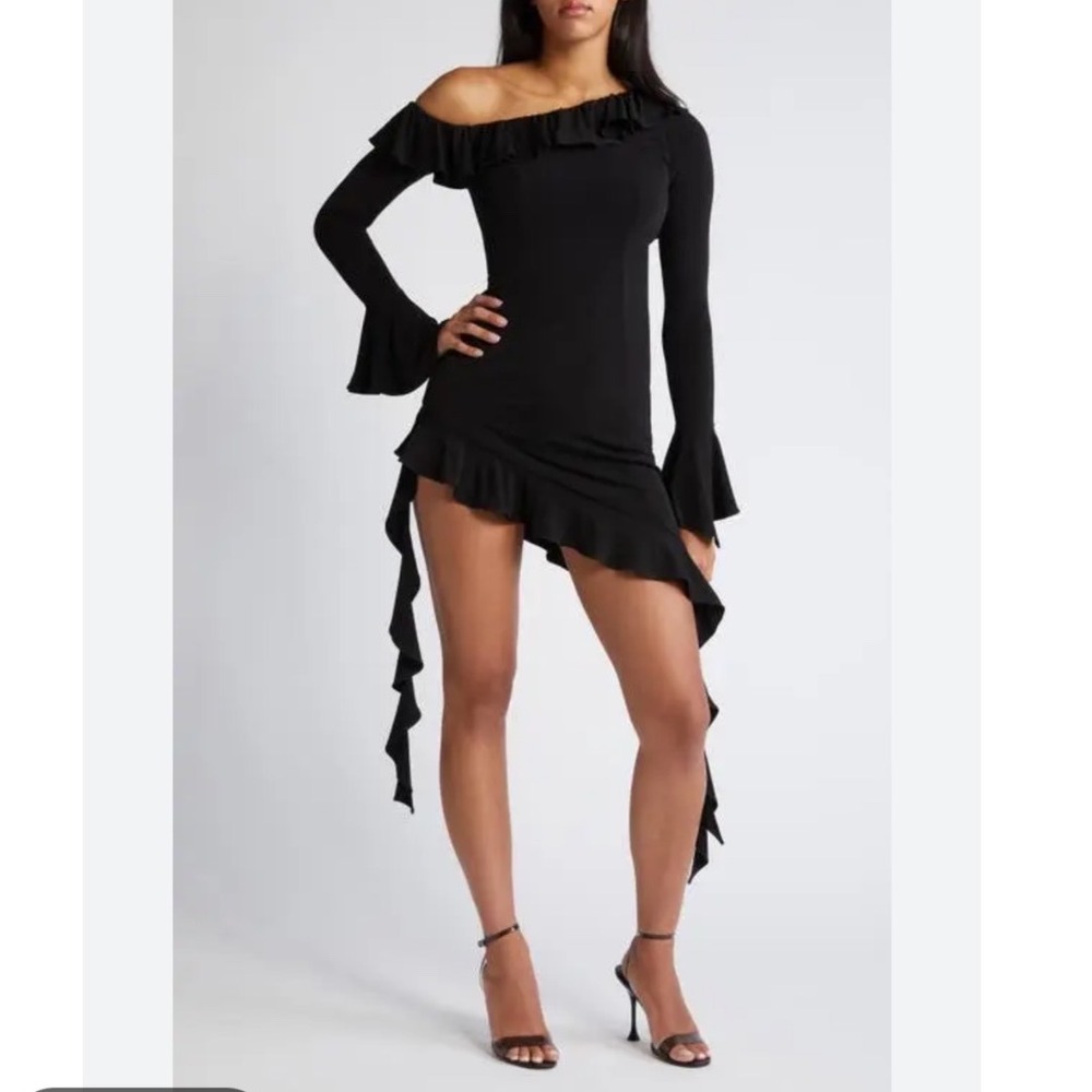 Asymmetric One-Shoulder Ruffle Mini Dress - Black